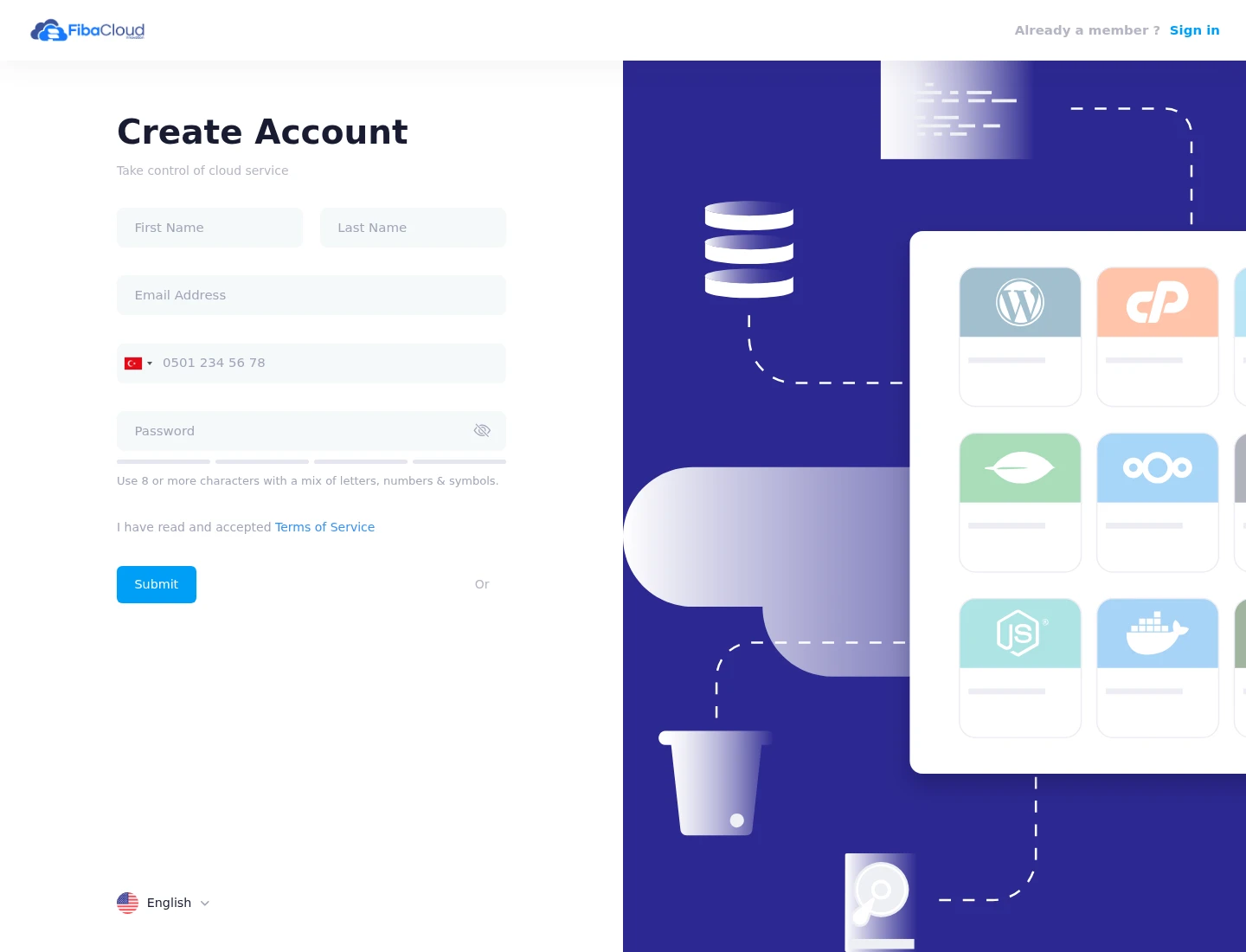 نموذج Create Account بالإنجليزية مع حقول الاسم والبريد والهاتف الاختياري وكلمة المرور