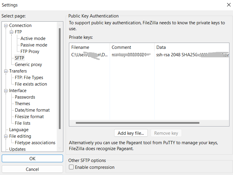 إضافة مفتاح SSH إلى FileZilla