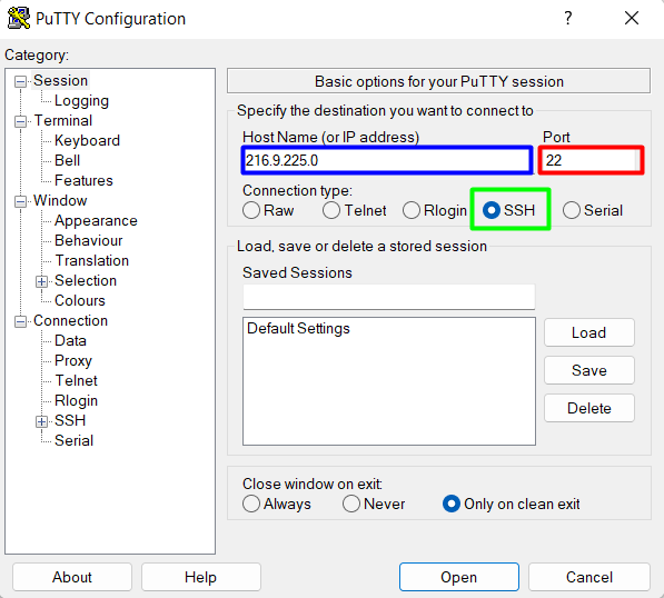 إعداد عنوان المضيف والمنفذ في PuTTY