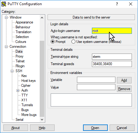 تحديد اسم مستخدم SSH في PuTTY