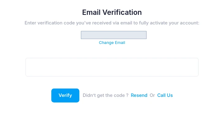شاشة Email Verification مع حجب عنوان البريد وحقل الرمز وزر Verify