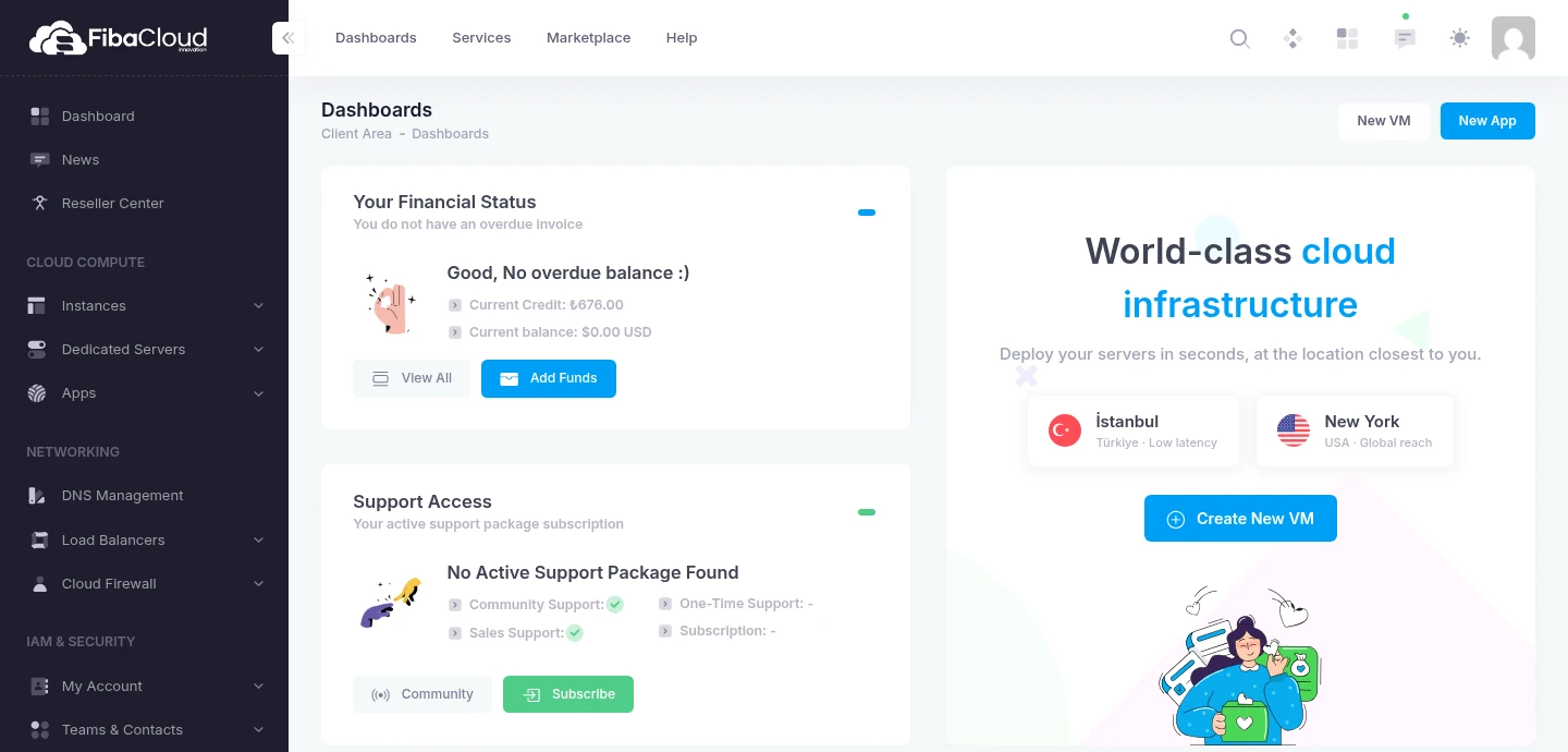 Dashboard navigation, account credit and server creation controls