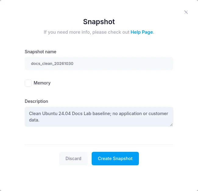 The actual snapshot creation dialog