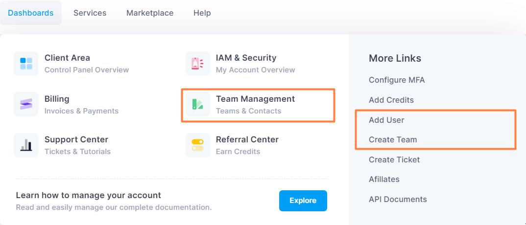 Dashboard menu with Team Management, Add User and Create Team actions