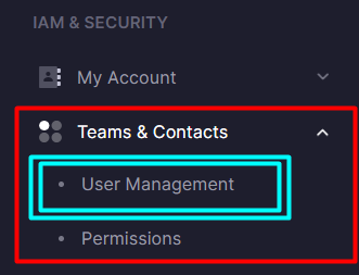 Sidebar navigation to Teams and Contacts user management