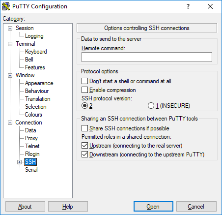 PuTTY SSH protokol sürümü