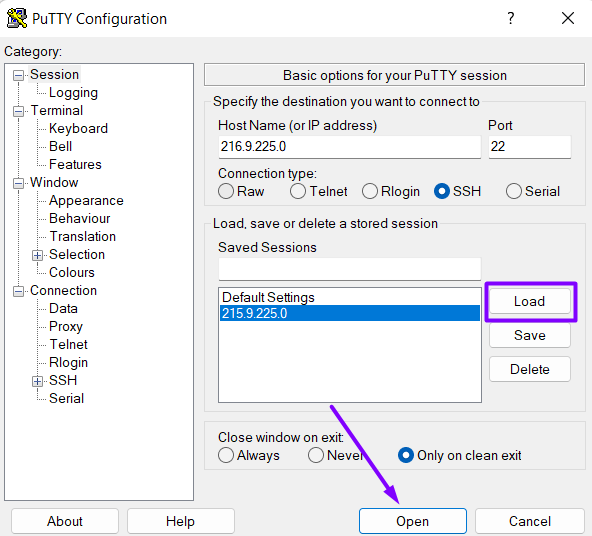 PuTTY ile bağlantı başlatma